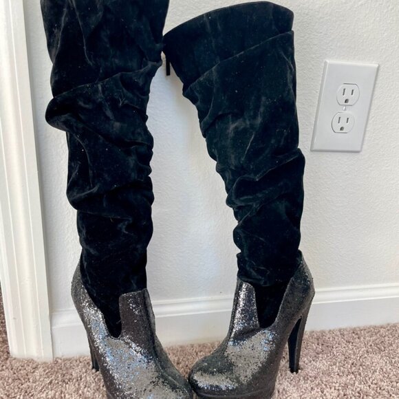 Michael Antonio knee Boots glitter faux suede Sz 5.5  Heels Baddie - Picture 12 of 12